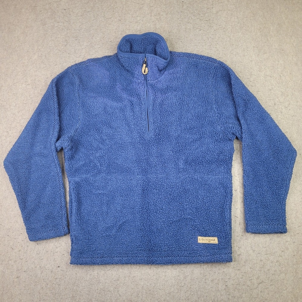 Life Is Good‎ Sweater Mens Small Blue Fleece Sherpa 1/4 Zip Pullover Logo